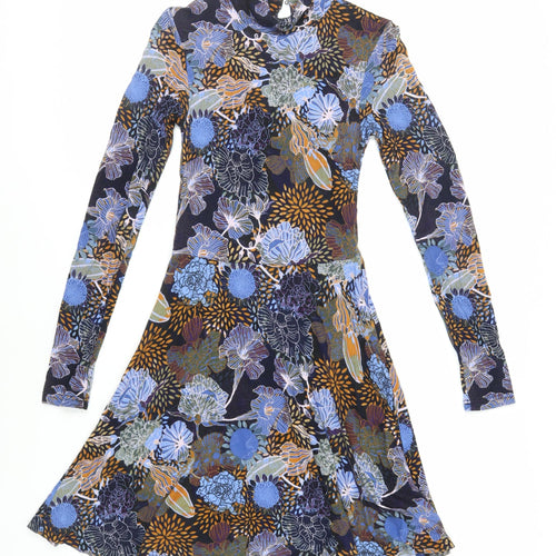 H&M Womens Blue Floral Viscose Skater Dress Size XS Mock Neck Button
