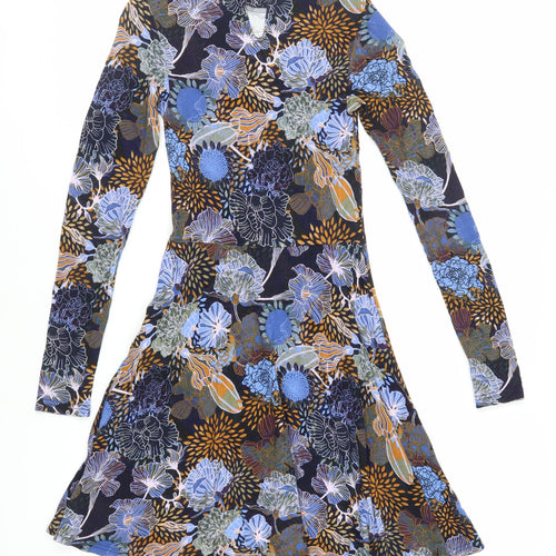 H&M Womens Blue Floral Viscose Skater Dress Size XS Mock Neck Button