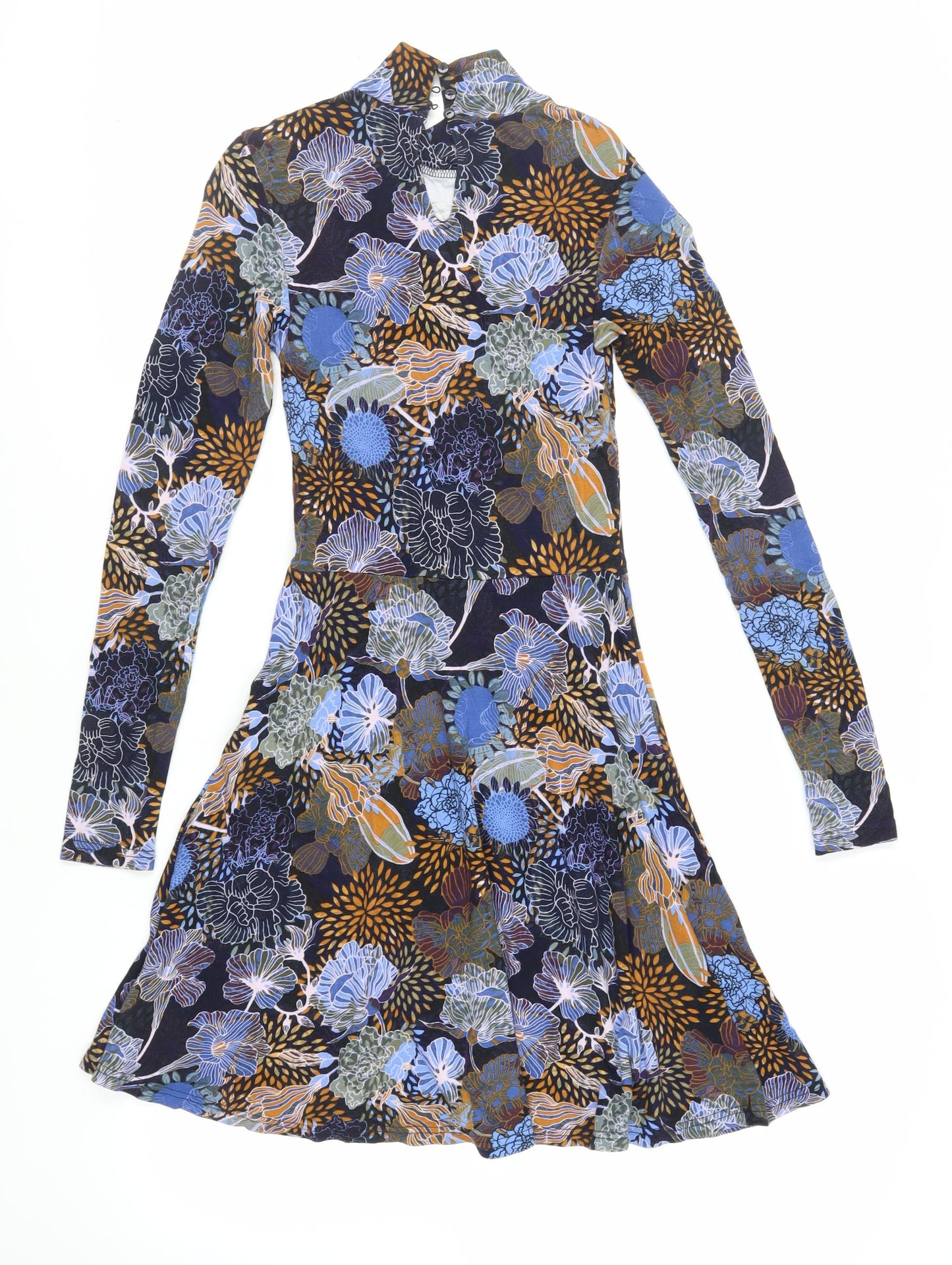 H&M Womens Blue Floral Viscose Skater Dress Size XS Mock Neck Button