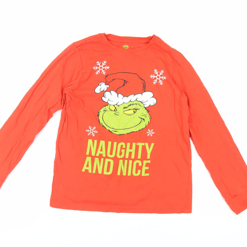 Disney Girls Red Cotton Pullover T-Shirt Size 10-11 Years Crew Neck - The Grinch Christmas