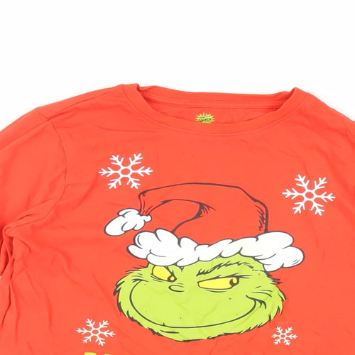 Disney Girls Red Cotton Pullover T-Shirt Size 10-11 Years Crew Neck - The Grinch Christmas