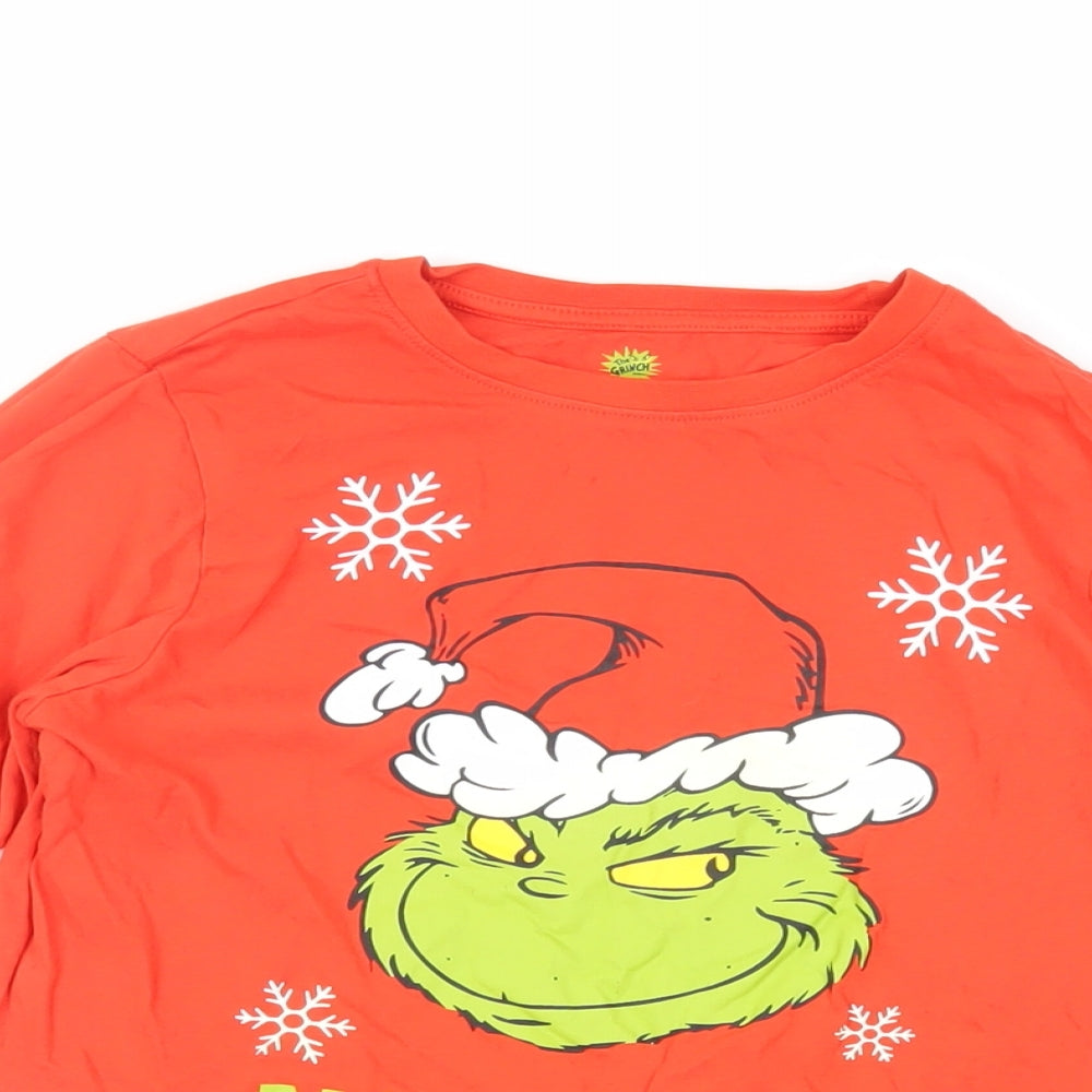 Disney Girls Red Cotton Pullover T-Shirt Size 10-11 Years Crew Neck - The Grinch Christmas