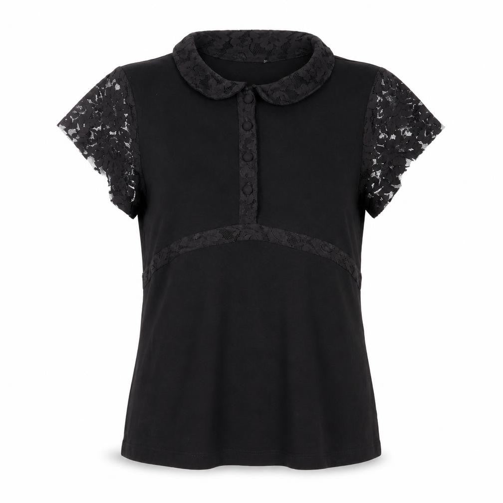 Front view of Per Una women’s black viscose basic blouse, size UK 12, collared - lace detail