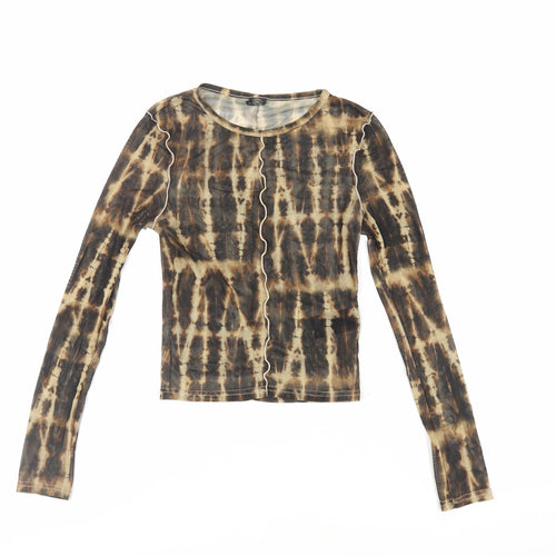 Urban Outfitters Womens Brown Geometric Polyester Cropped T-Shirt Size XS Crew Neck - Sheer