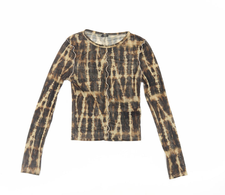 Urban Outfitters Womens Brown Geometric Polyester Cropped T-Shirt Size XS Crew Neck - Sheer