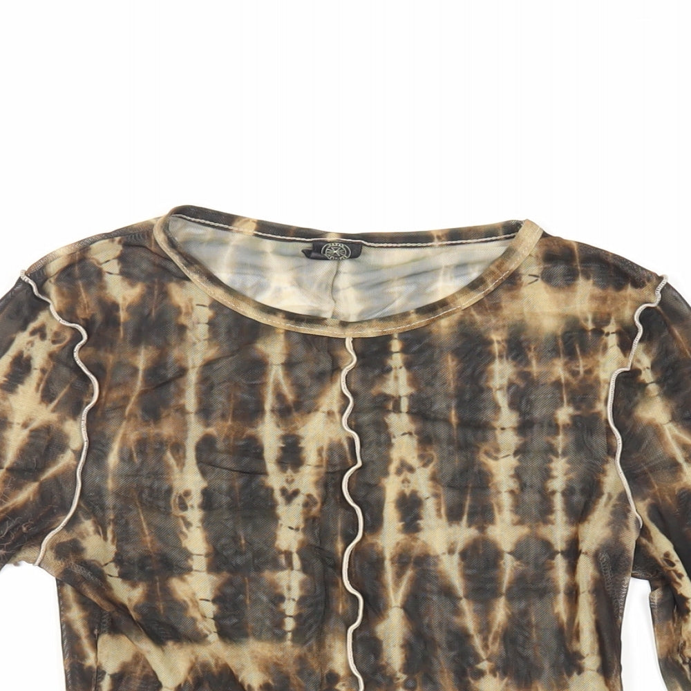Urban Outfitters Womens Brown Geometric Polyester Cropped T-Shirt Size XS Crew Neck - Sheer