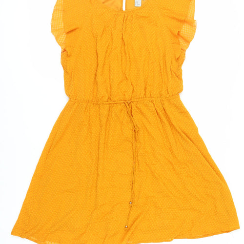 H7M Womens Orange Polyester A-Line Size 12 Round Neck Button - Textured