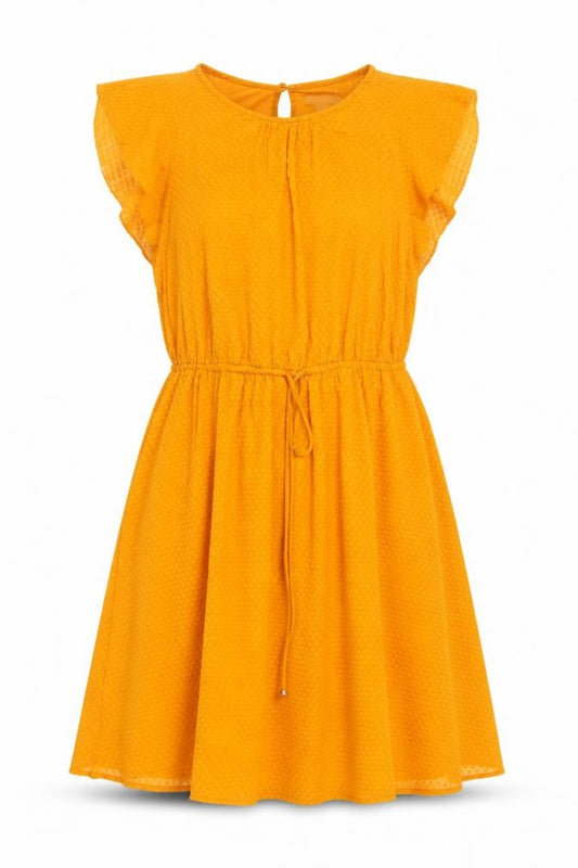 Front view of H7M women’s orange polyester a-line, size UK 12, round neck button - textured