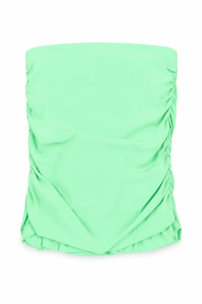 Front view of PRETTYLITTLETHING women’s green polyester cropped blouse, size UK 6, off the shoulder - strapless