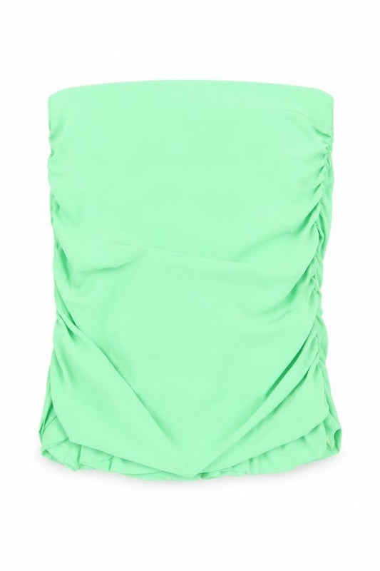 Front view of PRETTYLITTLETHING women’s green polyester cropped blouse, size UK 6, off the shoulder - strapless