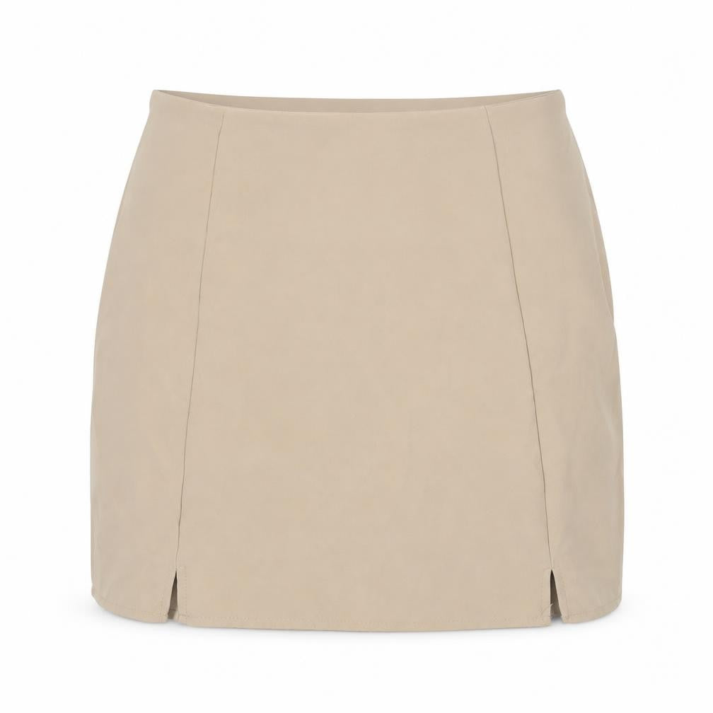Front view of Boohoo women’s beige polyester mini skirt, size UK 12, zip