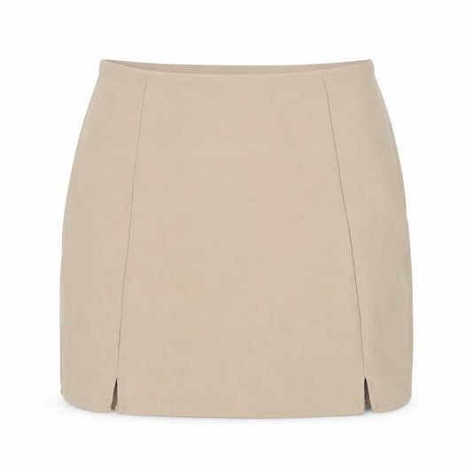 Front view of Boohoo women’s beige polyester mini skirt, size UK 12, zip