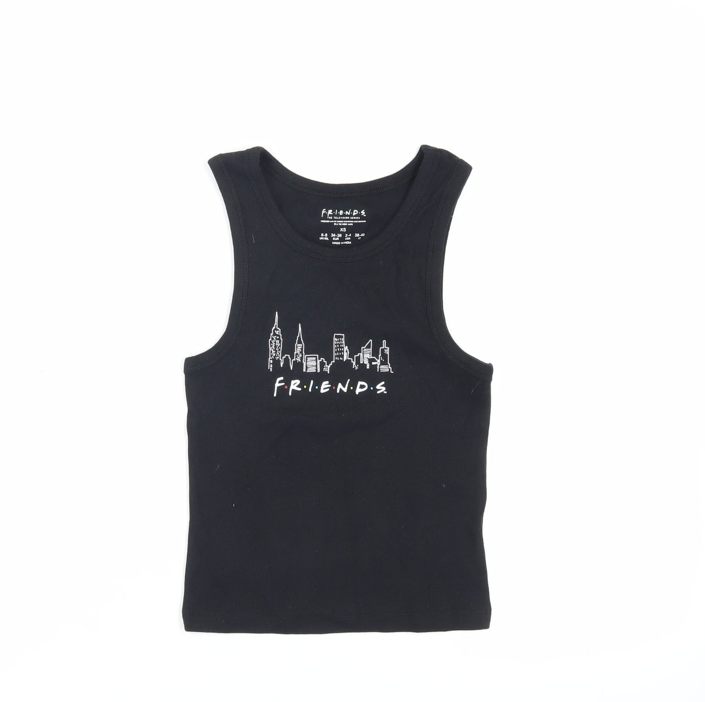Friends Womens Black Cotton Basic Tank Size XS Round Neck