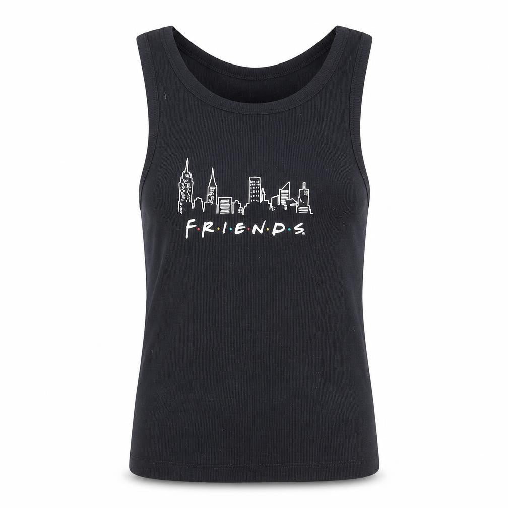 Front view of Friends women’s black cotton basic tank, size XS, round neck