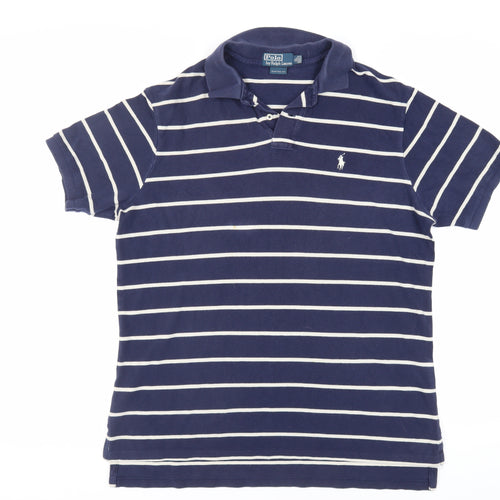 Polo Ralph Lauren Mens Blue Striped Cotton Polo Size XL Collared Button - Logo