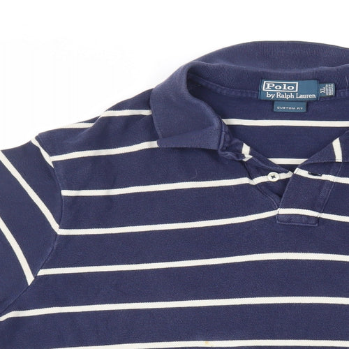 Polo Ralph Lauren Mens Blue Striped Cotton Polo Size XL Collared Button - Logo