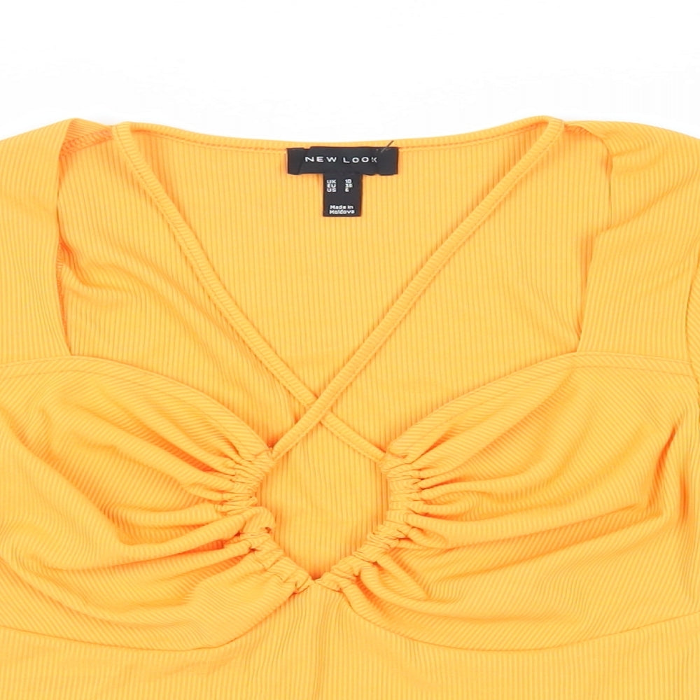 New Look Womens Orange Polyester Basic Blouse Size 10 V-Neck - Ribbed