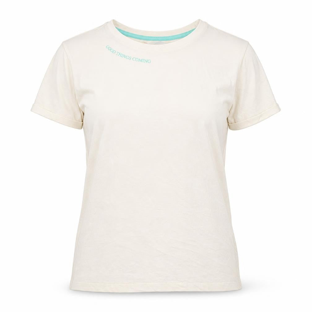 Front view of Marks & Spencer women’s ivory cotton basic t-shirt, size S, crew neck - good things