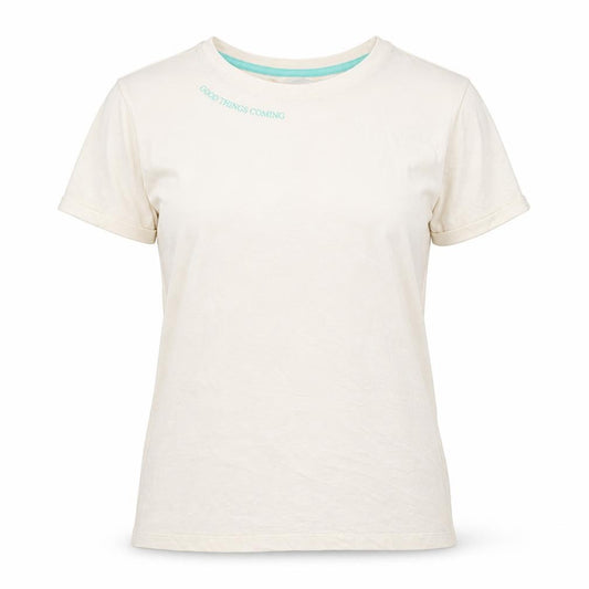 Front view of Marks & Spencer women’s ivory cotton basic t-shirt, size S, crew neck - good things