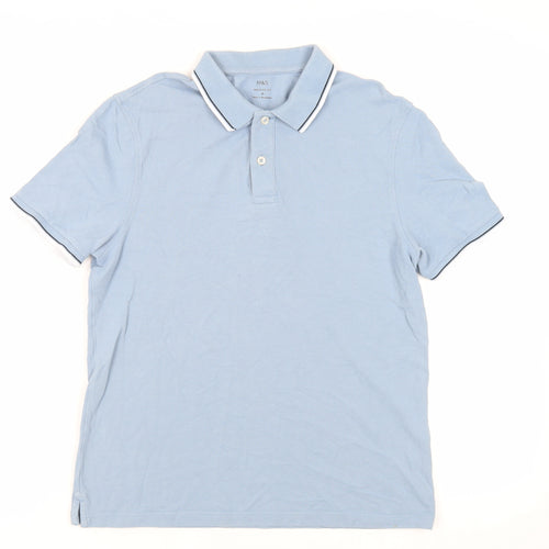 Marks and Spencer Mens Blue Cotton Polo Size M Collared Button