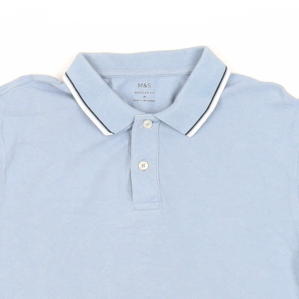 Marks and Spencer Mens Blue Cotton Polo Size M Collared Button