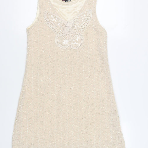 Yumi Womens Beige Polyester Shift Size S V-Neck Pullover - Sequins Textured