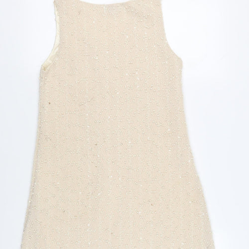 Yumi Womens Beige Polyester Shift Size S V-Neck Pullover - Sequins Textured