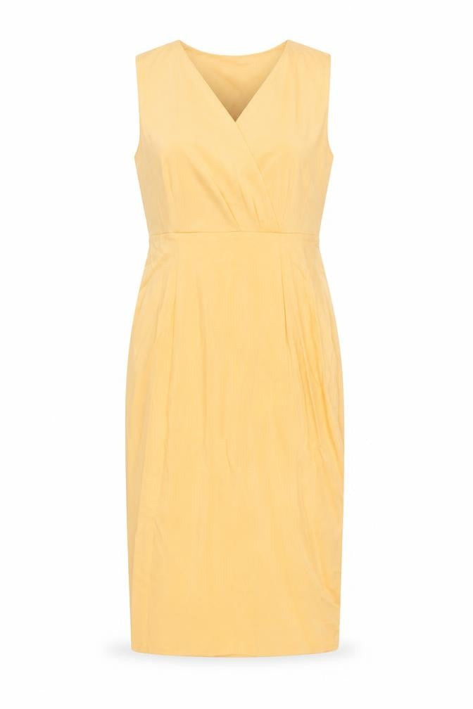 Front view of Vesper women’s orange polyester pencil dress, size UK 12, v-neck zip