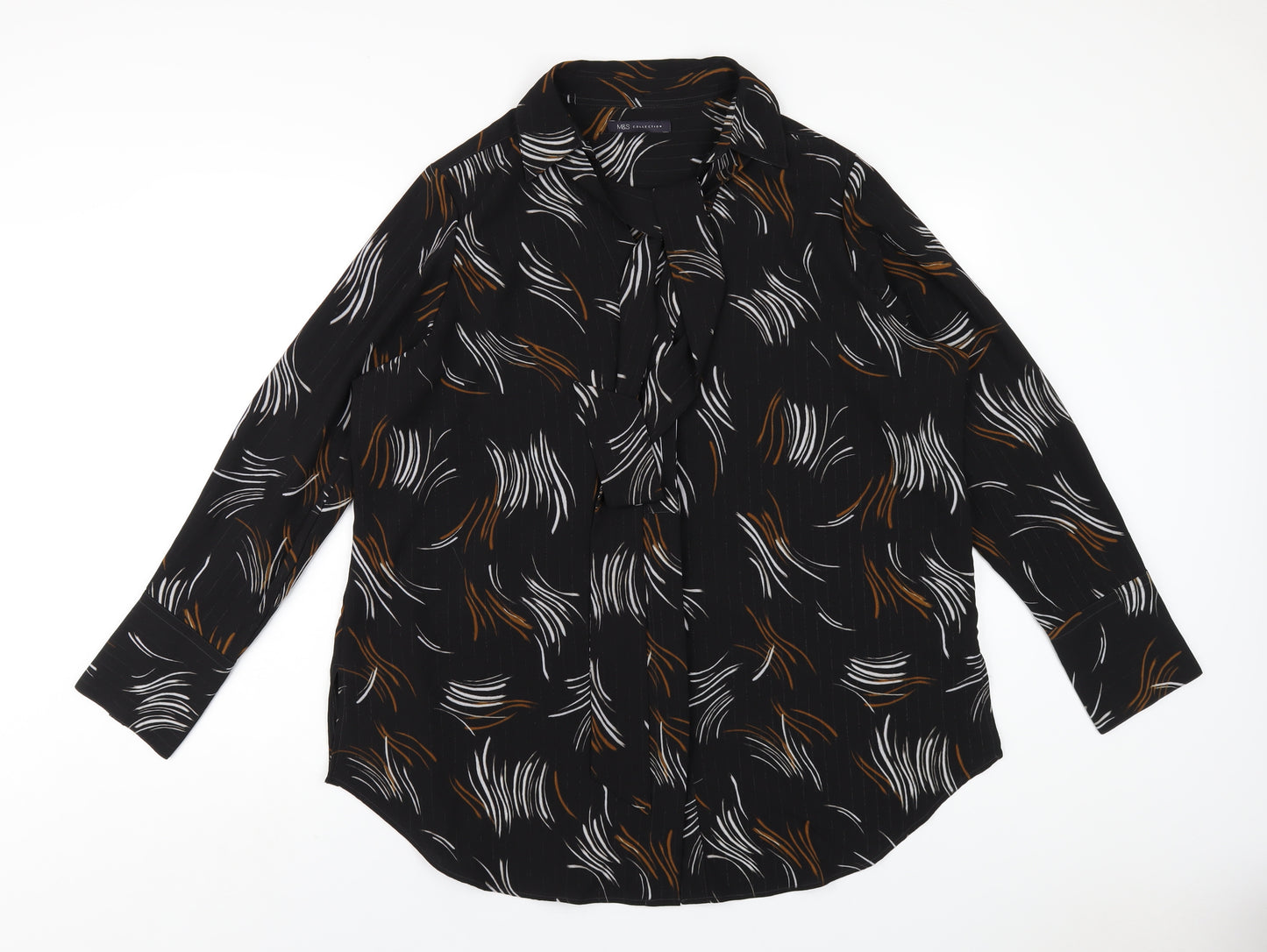 Marks and Spencer Womens Black Geometric Polyester Basic Button-Up Size 20 Collared