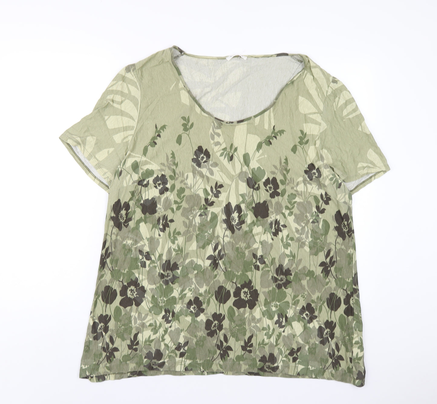 ELVI Womens Green Floral Viscose Basic T-Shirt Size 2XL Round Neck