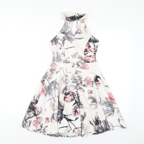 Select Womens White Floral Polyester A-Line Size 8 Round Neck Button