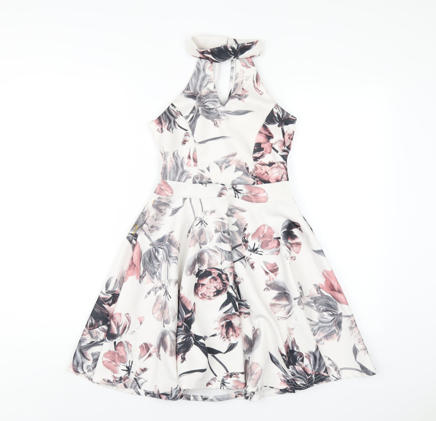 Select Womens White Floral Polyester A-Line Size 8 Round Neck Button