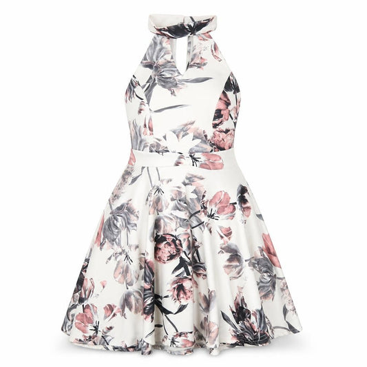 Front view of Select women’s white floral polyester a-line, size UK 8, round neck button