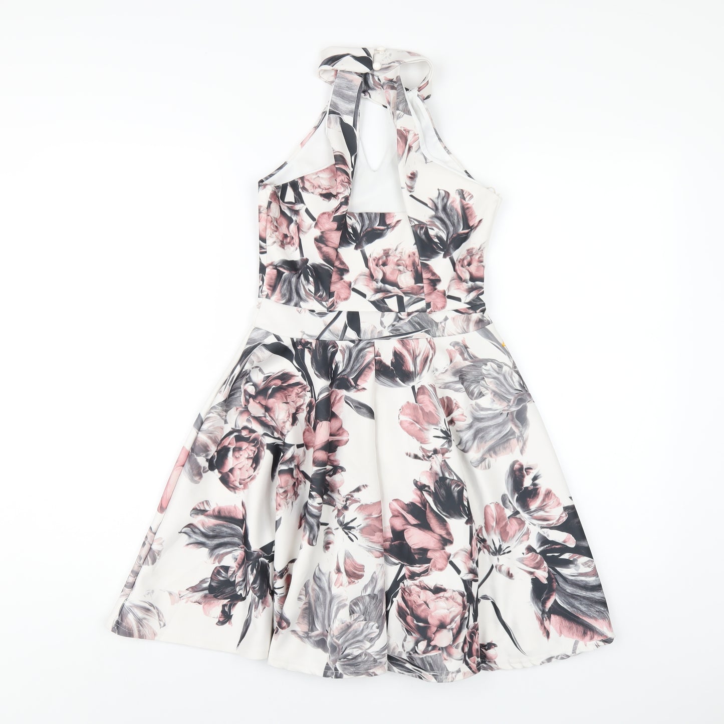 Select Womens White Floral Polyester A-Line Size 8 Round Neck Button