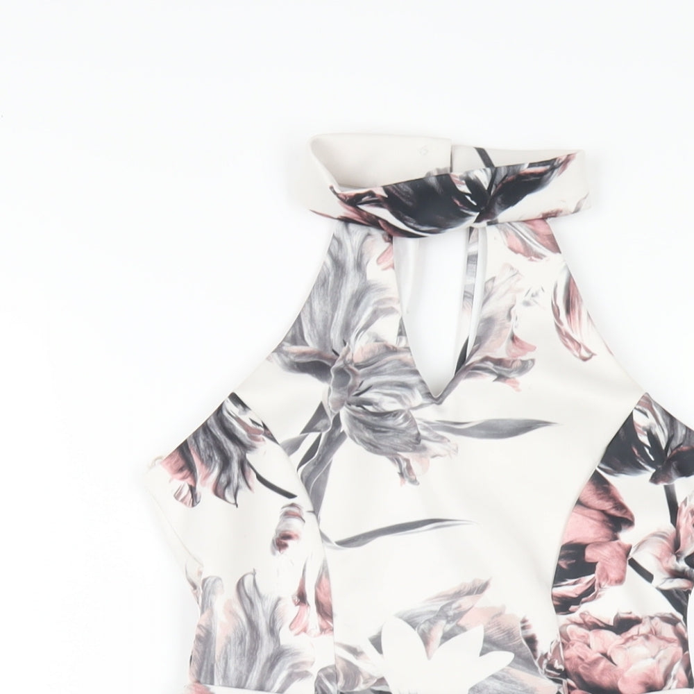 Select Womens White Floral Polyester A-Line Size 8 Round Neck Button