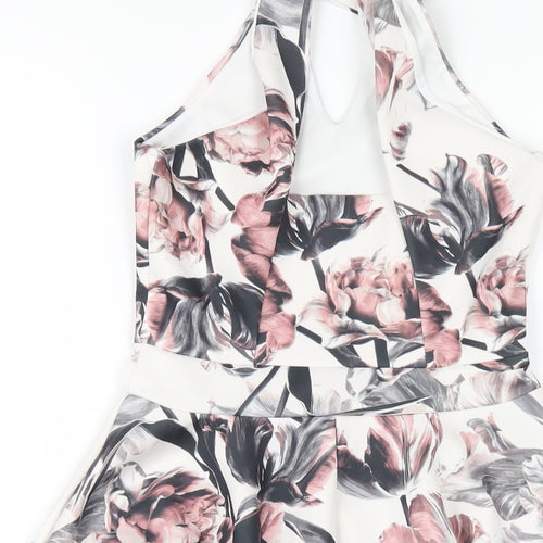 Select Womens White Floral Polyester A-Line Size 8 Round Neck Button