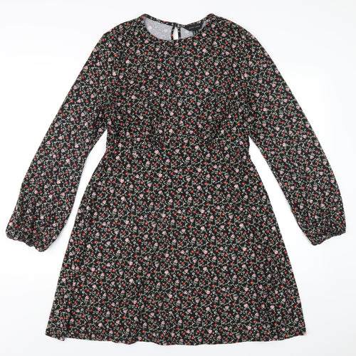 New Look Womens Black Floral Polyester A-Line Size 12 Round Neck Button