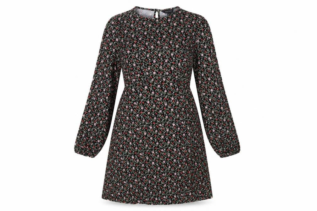 Front view of New Look women’s black floral polyester a-line, size UK 12, round neck button
