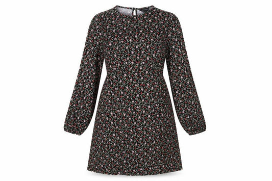 Front view of New Look women’s black floral polyester a-line, size UK 12, round neck button
