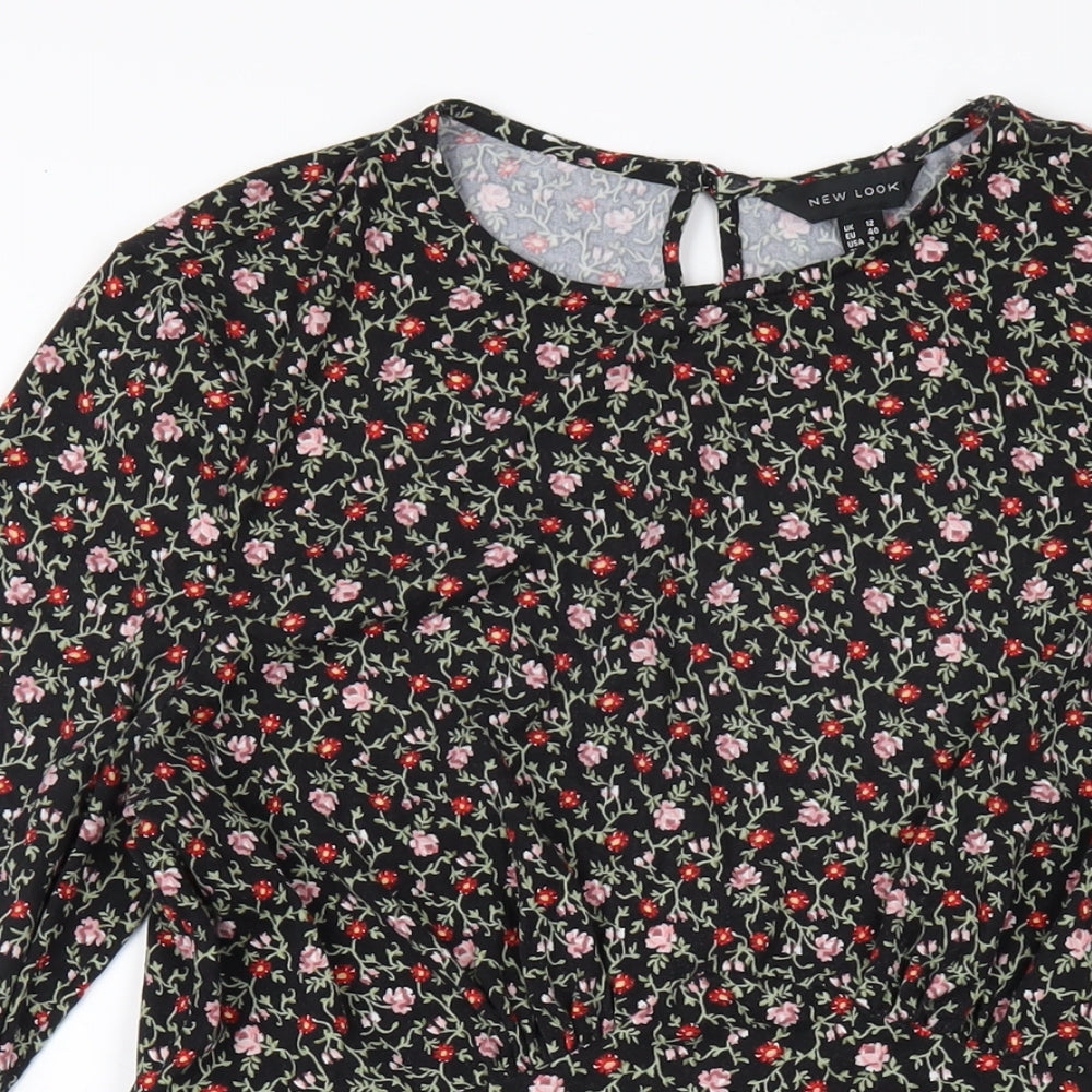 New Look Womens Black Floral Polyester A-Line Size 12 Round Neck Button