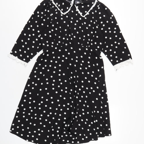 New Look Womens Black Polka Dot Polyester A-Line Size 12 Collared Zip
