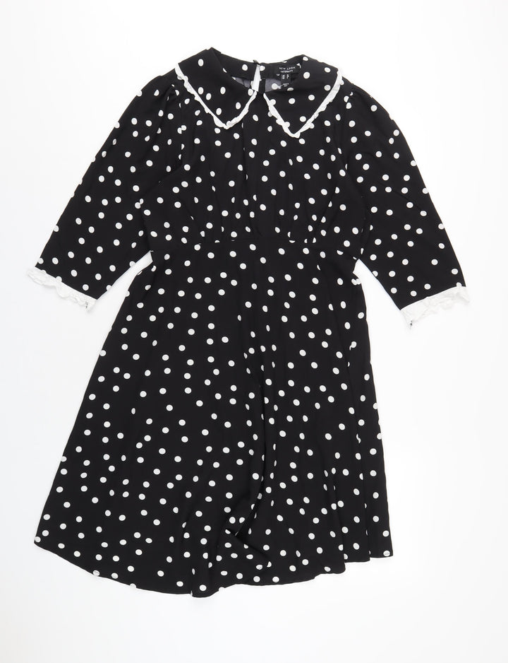 New Look Womens Black Polka Dot Polyester A-Line Size 12 Collared Zip