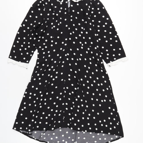 New Look Womens Black Polka Dot Polyester A-Line Size 12 Collared Zip