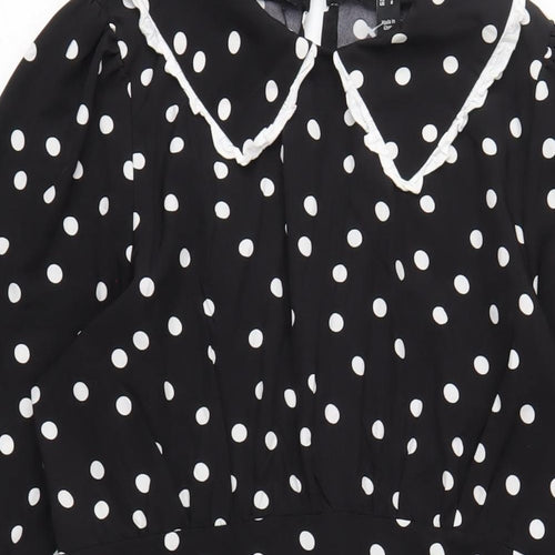 New Look Womens Black Polka Dot Polyester A-Line Size 12 Collared Zip