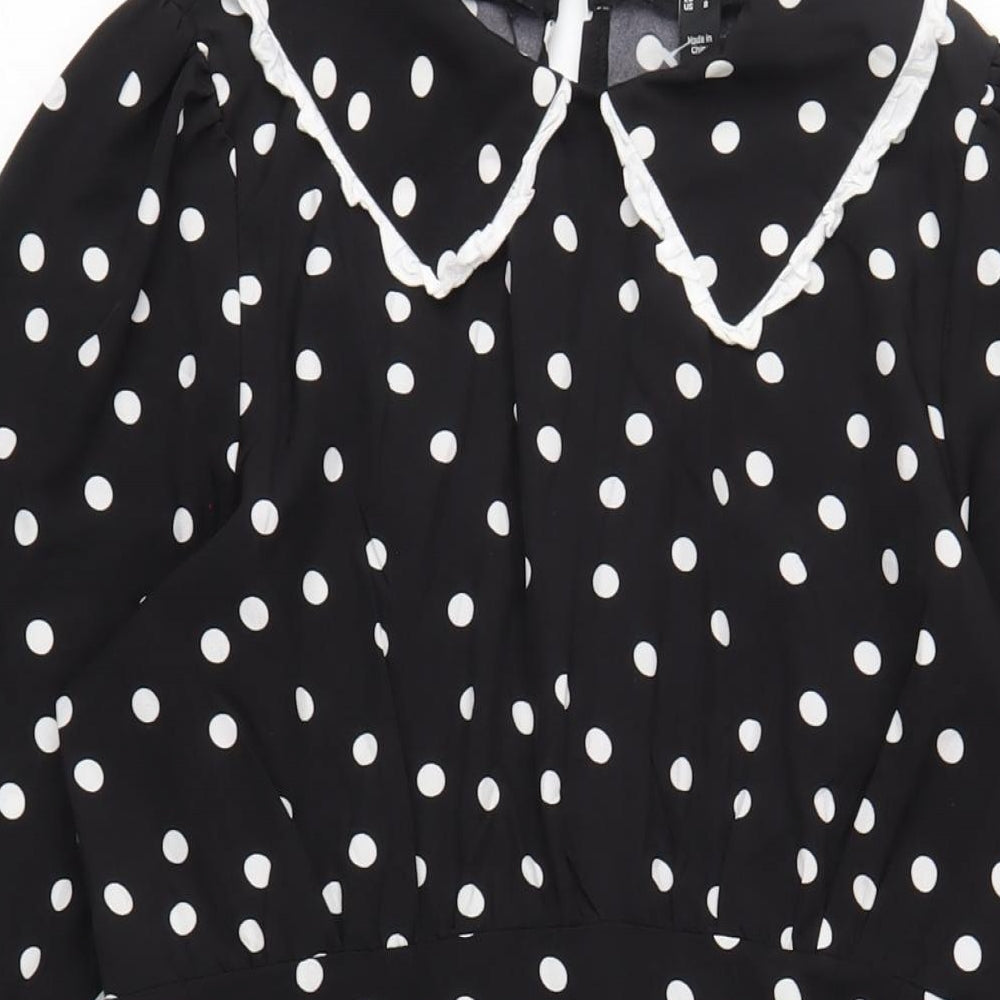 New Look Womens Black Polka Dot Polyester A-Line Size 12 Collared Zip