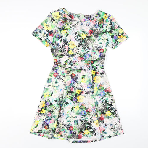 Warehouse Womens Multicoloured Floral Polyester A-Line Size 8 Round Neck Zip