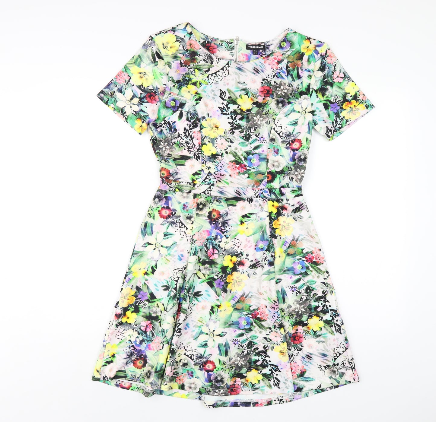 Warehouse Womens Multicoloured Floral Polyester A-Line Size 8 Round Neck Zip