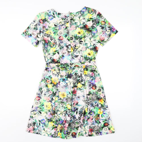 Warehouse Womens Multicoloured Floral Polyester A-Line Size 8 Round Neck Zip