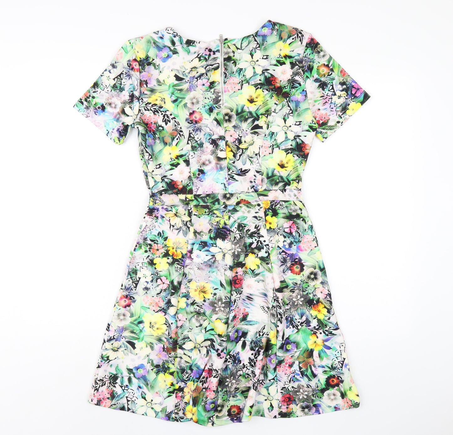 Warehouse Womens Multicoloured Floral Polyester A-Line Size 8 Round Neck Zip