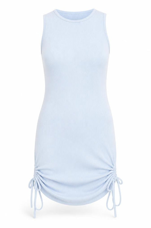 Front view of Spotted women’s blue polyester bodycon, size XS, round neck pullover